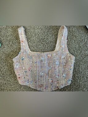 Altar'd State Pastel Pink Sequin Tweed Crop Top small